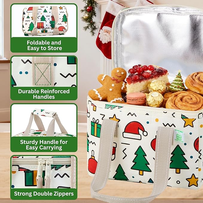 VENO 2 Pack Christmas Insulated Lunch Bag for Women Men, Reusable Lunch Box Grocery Shopping Bag Small Cooler with Handles Zippers for Work Office Picnic Beach (Jingle Mix)