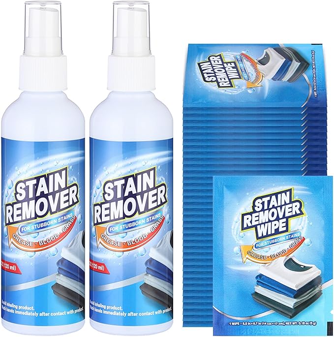2 Pack 4 oz Stain Remover Spray Stain Treater Spray with 50 Cleaning Wipes Coffee Food Grease Dirt Remover for Clothes Carpet Couches Rugs Car Seats Fabric