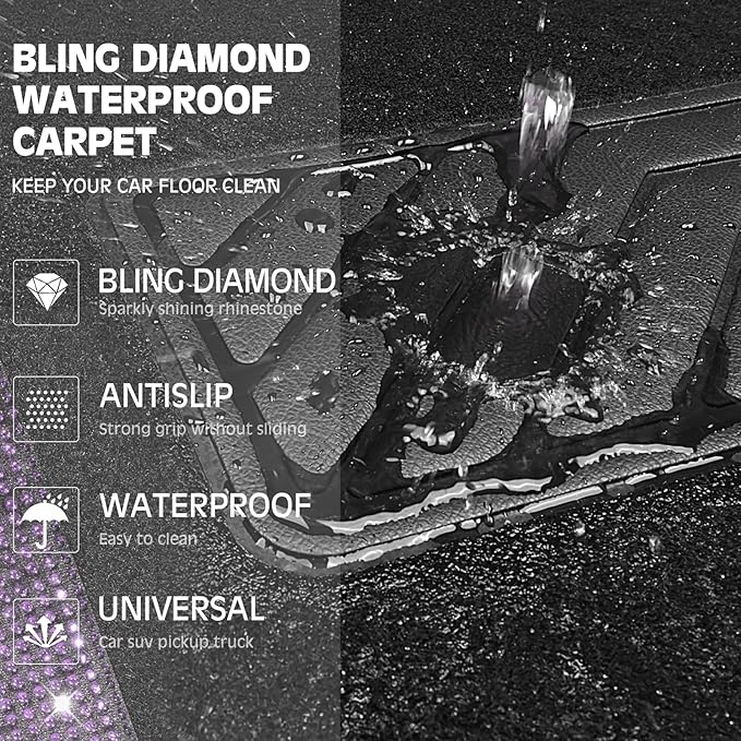 CAR PASS Bling Rhinestones Diamond Car Floor Mat, Crystal Sparkly Shining Glitter Carpet, Waterproof Anti-Slip PVC Heel Pad Universal Fit Interior Set SUV,Sedan,Van,4pcs Girl Women Men Violet Purple