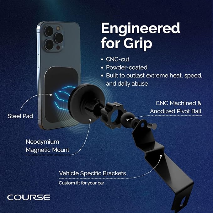 Course Motorsports Direct Fit Magnetic Phone Mount | MagSafe Non Charging Magnetic Head | Compatible with Dodge Ram 1500/2500/3500 (2019+). Not for TRX, Limited, Power Wagon, Laramie Longhorn (2021+)