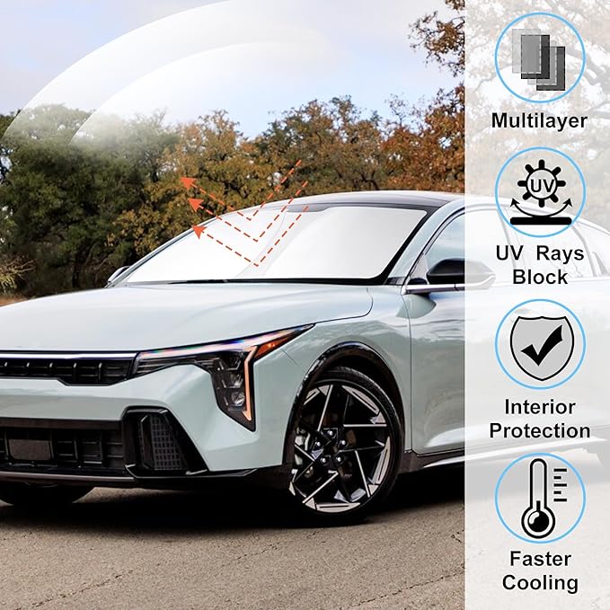 Windshield Sun Shade Custom Fit for 2025 2026 Kia K4 Accessories Foldable Sunshade Sun Blocker Protect Car from Sun Rays & Heat Damage Keep Car Cooler