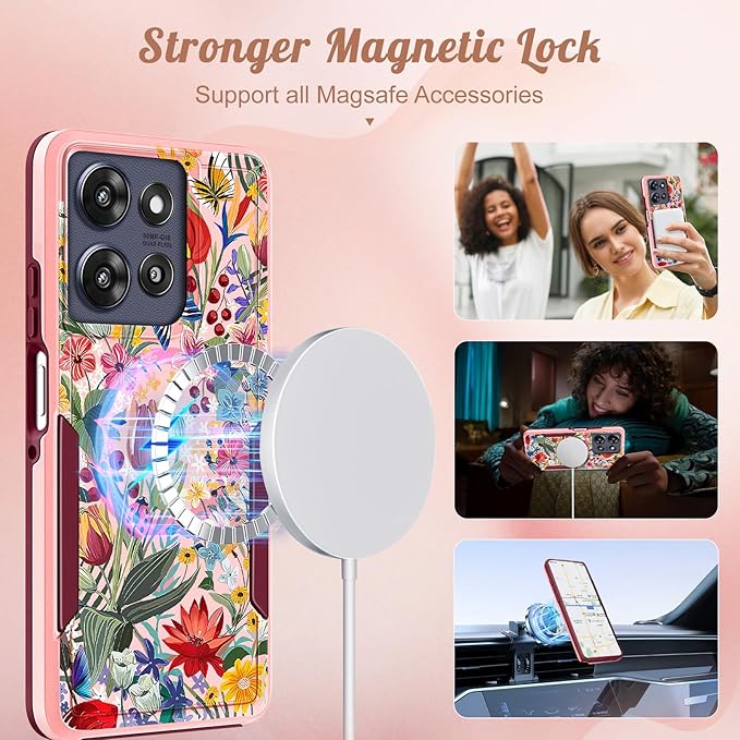 LISEVOfor Moto G Power 2025 Case - for Motorola Moto G Play 2025 Case Compatible with MagSafe Women Cute Girls Magnetic Protective Phone Cover Girly Floral Flower Heavy Duty Shockproof Design