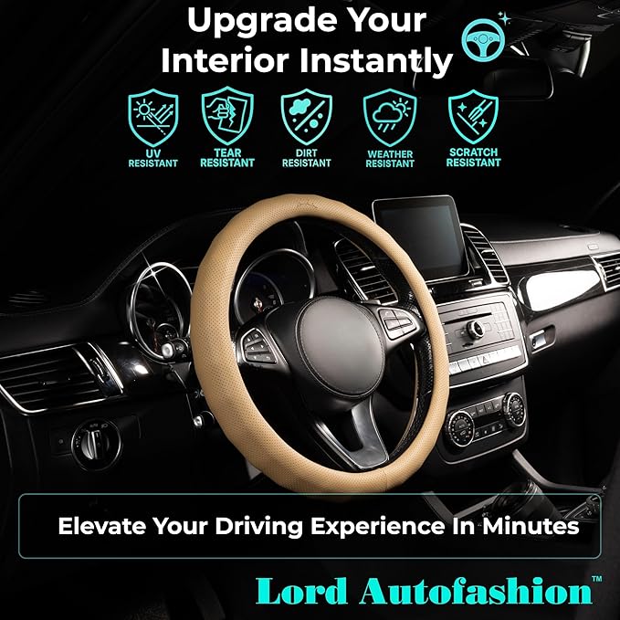 Lord Autofashion Steering Wheel Cover – PU Leather, Non-Slip Rubber Inner, All-Season Comfort – 14.5–15 Inch (Beige 8571)