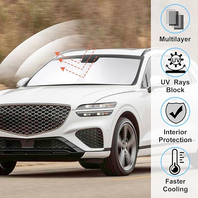 Windshield Sun Shade Custom Fit for 2022 2023 2024 2025 2026 Genesis GV70 Accessories Foldable Sunshade Sun Blocker Protect Car from Sun Rays & Heat Damage Keep Car Cooler