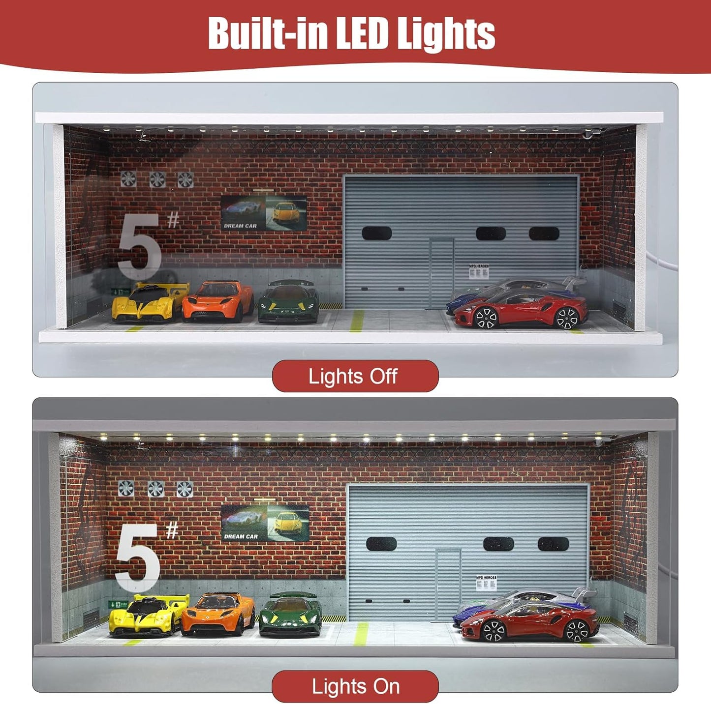 Display Case for Hot Wheels: Stackable Parking Garage for 1/64 Scale Matchbox Toy Car, FoamBoard Storage for Monster Trucks with LED Light and Acrylic Cover, Graffiti Wall