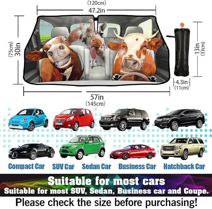 Fun Cow Driving Car Sunshade Umbrella Cow Print Windshield Sun Shade for Car Retractable Umbrella Sunshades for Front Window Fun Cows Driving Sun Shades Cover Visor Portector Block UV Rays