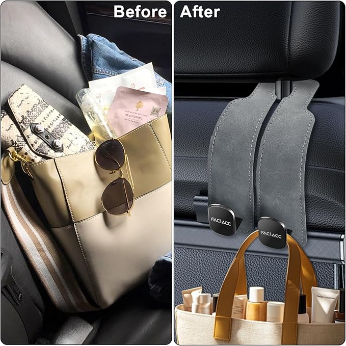 FACIACC 4 Pack Car Seat Headrest Hooks, Purse Hook for Headrest Universal Double Car Headrest Hooks Accessories Backseat Hanger Bag Holder Storage Hanger for Handbag Purse Coat Bags, Grey