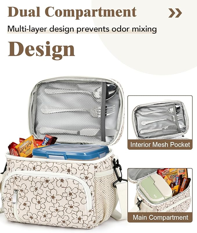 Insulated Lunch Bag for Men & Women, 9L Leakproof Lunch Box Soft Cooler Tote with 5 Pockets, 600D Oxford, EVA Lining, Adjustable Strap for Work, Picnic, Beach&Travel-Corduroy Small Flower