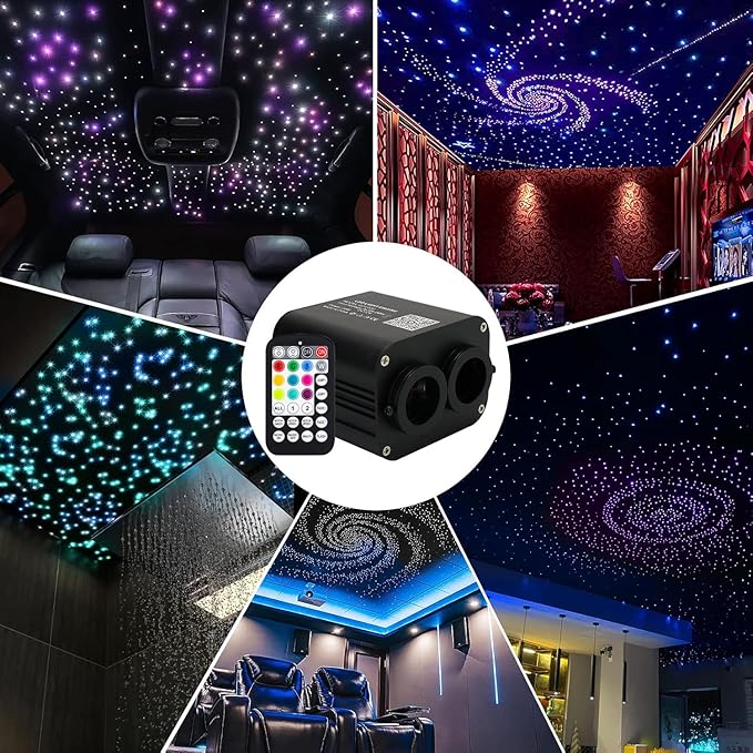 AMKI Dual Color 20W Twinkle Starlight Headliner Kit 1200pcs*0.03in*9.8ft Cables Fiber Optic Light Cable Sound Activated Music Mode APP/Remote Control Dual Port Light Box for Car Home Roof Decor