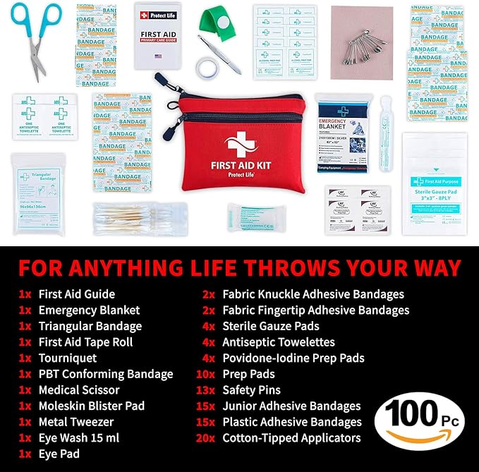 Protect Life First Aid Kit, Travel First Aid Kit for Car, 100 Piece Compact Emergency Preparedness Starter Kit for Home, Office, Camping, Hiking