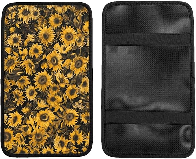 Car Center Console Cushion Pad Yellow Sunflower Universal Armrest Seat Box Cover Protector Cute Flower Floral Armrest Seat Box Cover Protector for Most Vehicle, SUV, Truck, Sedans