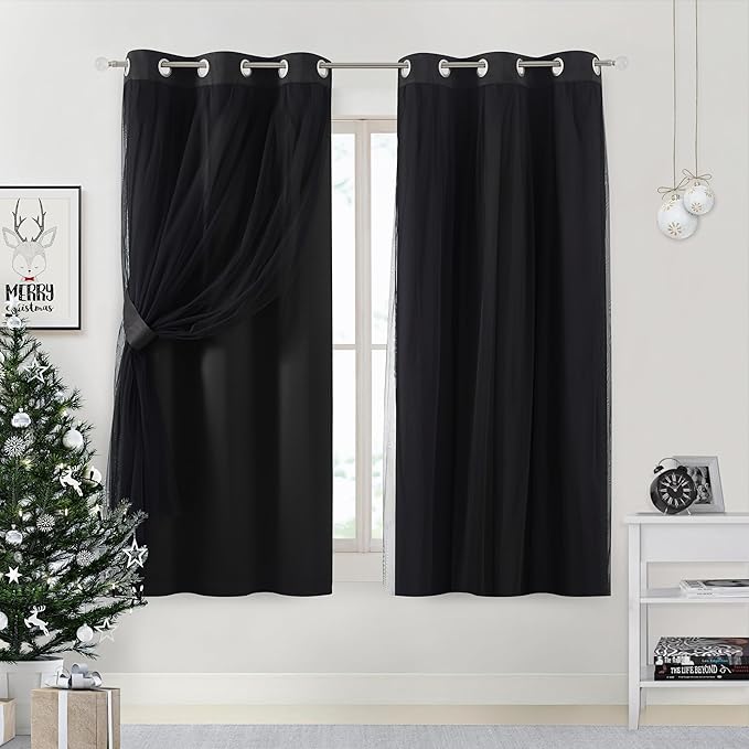 Bujasso Black Blackout Curtain Panels with Sheer Overlay Mix and Match Double Layer Thermal Insulated Window Treatment Set for Bedroom Living Room Black Drapes with Tiebacks Grommet Top 37" Wx63 Lx2
