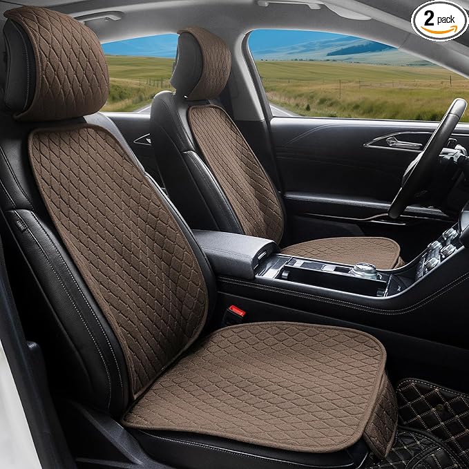 Linen Car Seat Covers Front Seat Covers Breathable Cloth Fabric Car Seat Protector Mats Pad Universal Fit 90% Vehicles,SUVs,Cars,Sedans (2Pack Brown)