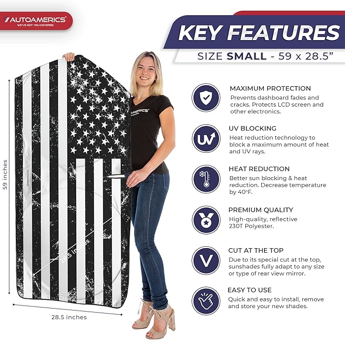 Autoamerics 1-Piece Windshield Sun Shade Grunge B&W American Flag USA Design - Foldable Car Front Window Sunshade for Most Sedans SUV Truck - Blocks Max UV Rays and Keeps Your Vehicle Cool - Small