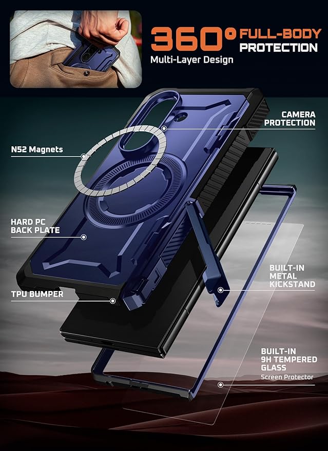 SUPCASE for Samsung Galaxy Z Fold 7 Case with Kickstand (UB Grip), [Compatible with MagSafe] [Built-in Tempered Glass Screen Protector] [Hinge Coverage] Military-Grade Protection Phone Case (Azure)