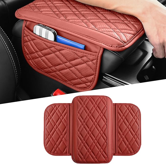 Car Center Console Cover, Leather Vehicle Arm Rest Cushion with 2 Storage Bags, Automotive Armrest Interior Seat Box Pad Accessories, Universal for SUV, Sedan, Truck (Red)