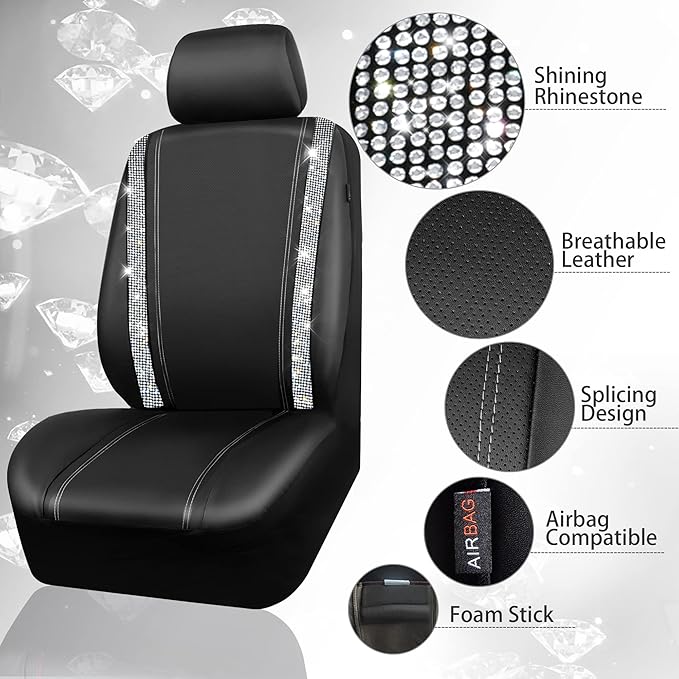 CAR PASS Bling Diamond Car Seat Covers, Shining Rhinestones Waterproof Faux Leather, 7 Seats 3 Rows with Zipper Glitter Crystal Sparkle Strips Universal Fit 95% MPV,SUV,CAR for Women Girl, Silver