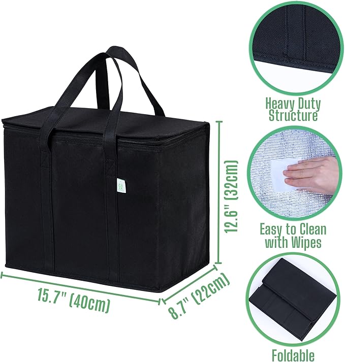 VENO 3 Pack Insulated Reusable Grocery Shopping Bag, Food Delivery, Cooler Bag, Heavy Duty, Large Size, Durable Handles, Dual Tab Zips, Lid, Stands Upright, Collapsible, Sustainable (Black, 3 Pack)