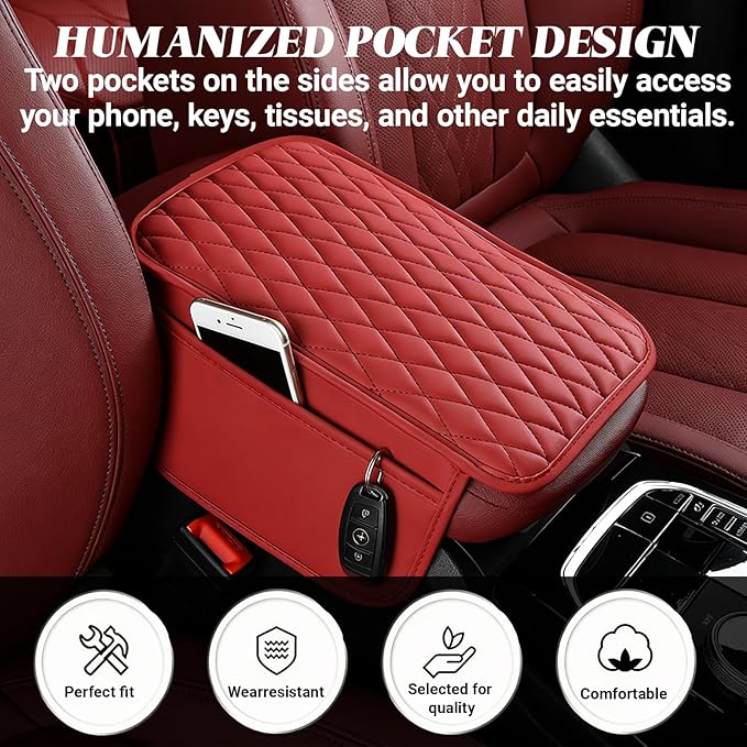Car Center Console Cover, Upgraded Microfiber Car Armrest Cover Cushion, with 2 Storage Bags Scratch, Resistant Leather Cars Armrest Storage Box Universal Vehicles Accessories (Red)