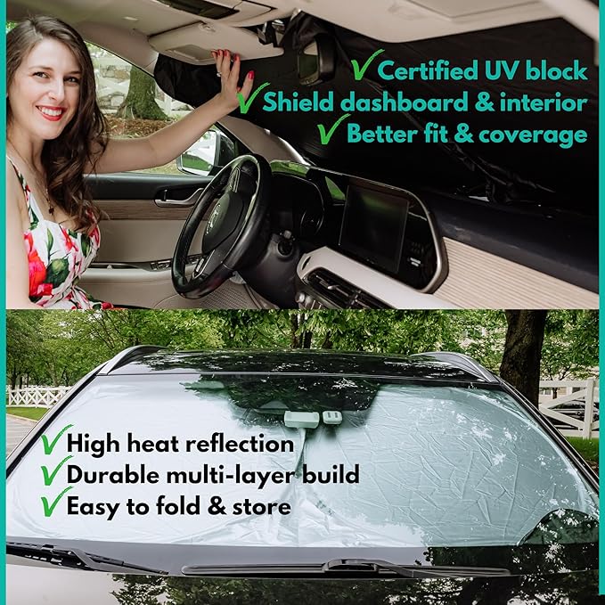 Windshield Sun Shade - Certified 99.87% UVB & 99.02% UVA Car Sun Shade. Award Winning Sunshade for Car Windshield | Chevrolet Silverado 1500 2019-present | Patented Car Window Shades by Kinder Fluff