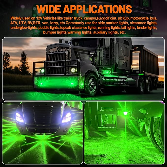 Dual Function 4Pcs Green Watermelon Lights Strobe+Constant LED Side Marker Clearance Turn Signal Top Cap Roof Underglow Tail Trailer Lights for Semi Truck,Bus,Van,Camper,Golf cart