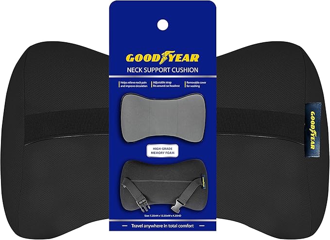Goodyear Ergonomic Car Neck Pillow, Soft Memory Foam Headrest Pillow for Driving, Breathable & Removable Cover, Car Seat Headrest Cushion with Adjustable Strap, Neck Pain Relief, Grey