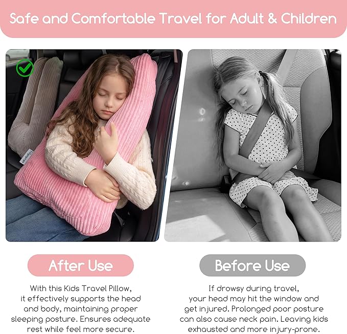 HIGOGOGO Washable Travel Pillow, Car Pillow for Kids & Adults, Travel Pillows with Removable Soft Cover and High-Support Foam, Fix Neck and Body Sitting/Sleeping on The Trip, Pink