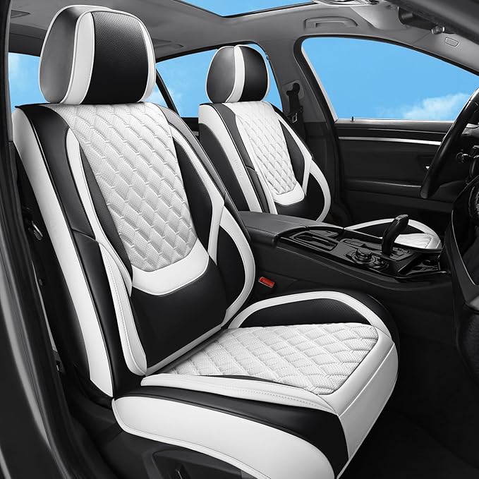 Car Seat Covers Front Seats, Luxury Leather Waterproof Non-Slip Seat Protector Universal Fit for Most Cars SUVs Trucks Pick-ups,White and Black Car Accessories Interior(Front White)