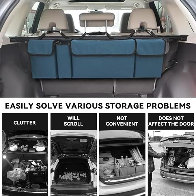 Car Trunk Organizer, Backseat Hanging Large Storage with Adjustable Straps,Waterproof PVC Collapsible Cargo Bag, Car Interior Accessories for Auto SUV MPV (Blue)