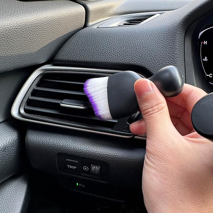 Car Detailing Brush, Soft Bristle Cleaning Brush, Scratch-Free Auto Duster Tool for Dashboard, Air Vents, Leather & Interior Cleaning (Black&Purple with Cap)