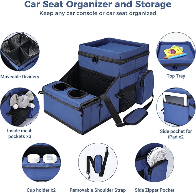 COOLBEBE Car Seat Organizer, Backseat Car Organizer with Cup Holders for Kids and Adults Travel, Cooler Compartment Passenger Seat Organizer Storage Box for Front or Middle Seat, Navy Blue