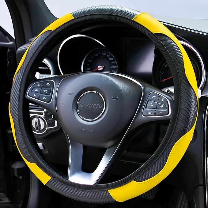 Car Steering Wheel Cover, 15 inch Microfiber Leather Carbon Fiber Soft Anti-Slip Breathable, Universal Size Elastic Car Accessory for Most Cars (Yellow)