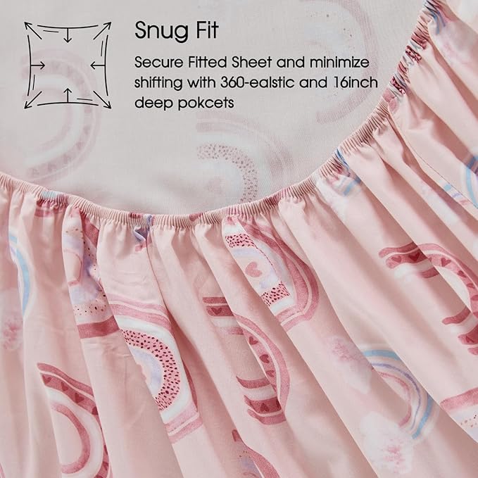Ivellow Full Sheets Set Kids 100% Natural Cotton Sheets Soft Breathable Percale Bed Sheets 16" Deep Pocket Cute Kawaii Rainbow Patterned Sheets for Girls Toddler Teen Kids Full Bedding Dorm Essentials