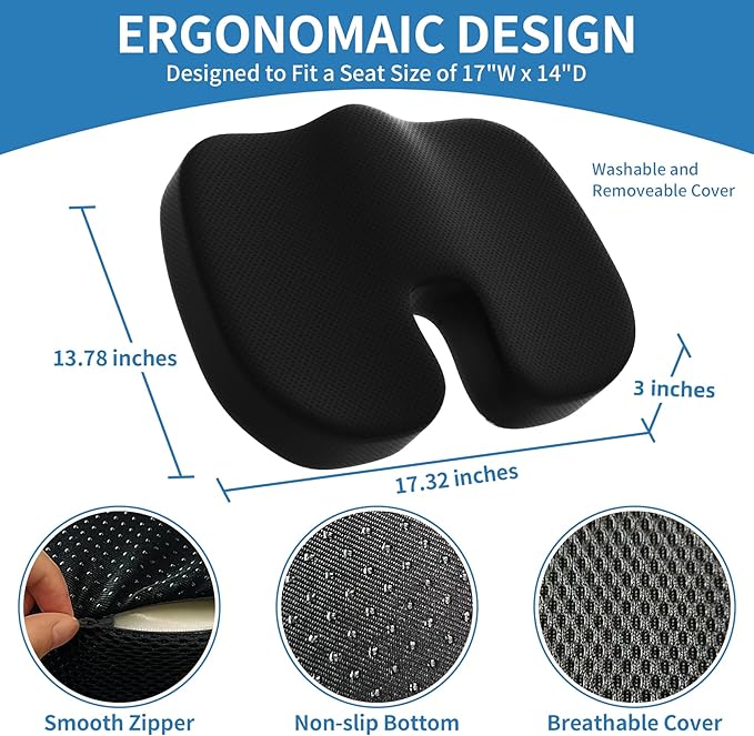 Seat Cushion &Office Chair Cushion,Lumbar Support Pillow for Office Chair,Ergonomic Memory Foam Non-Slip Office Chair Cushion,Back Support Cushions for Tailbone&Sciatica Pain Relief Black