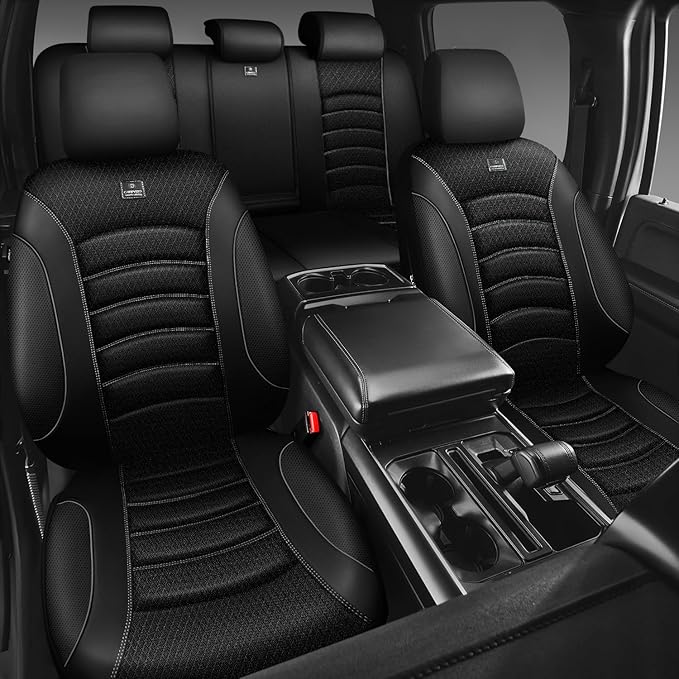CAR PASS Comfortable 3D Foam Mesh Leather Car Seat Covers Full Sets, Air Cool Mesh Breathable Seat Covers for Car, Universal 5 Seats Fit for SUV Truck Sedan Automotive, Airbag Compatible,Black Gray