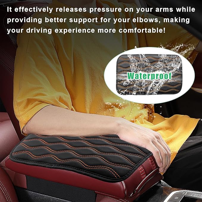 Car Center Console Pad, Waterproof Auto Armrest Seat Box Cover, PU Leather Arm Rest Protector Cushion Pad, Universal Vehicle Interior Protection Accessories for Car SUV (Black & Orange)