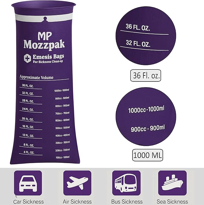 MP MOZZPAK Vomit Bags Disposable 35 Pack - 1000ml Emesis Bags, Leak-Proof Barf Bag, Travel Friendly Puke & Nausea Bag for Motion Sickness, Medical Grade Throw up Relief for Car, Airplane, & Road Trip