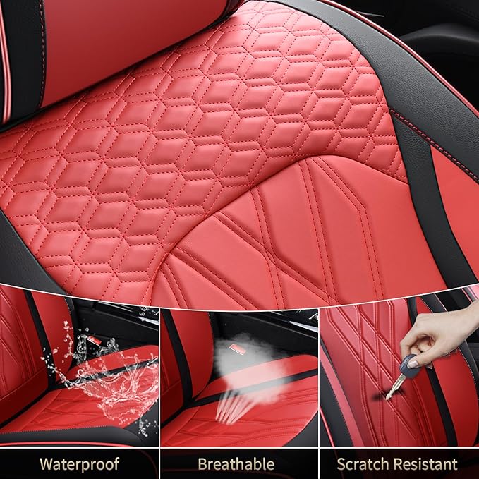 FLORICH Universal Seat Cover Full Set Leather Seat Covers 5 Seats Waterproof Seat Protector Car Seat Cushion Driver Seat Cover Universal Fit for Most Car Truck SUV, Black&Red