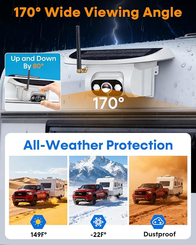 Pemacom Wireless Backup Camera for Towable-RV: Magnetic No Wiring Setup Long Distance Signal for Thor/Forest River Series RVs - 7.3" Recording Monitor HD 1080P Auto Sleep Solar RV Backup Camera
