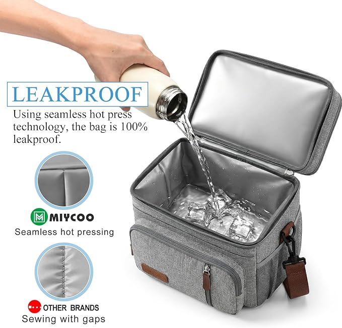 MIYCOO Lunch Bag & Lunch Box for Women Men, Double Deck Leakproof Insulated Soft Large Adult Camping Cooler bag for Work, Beach, Picnic, Travel (Grey, 15L)