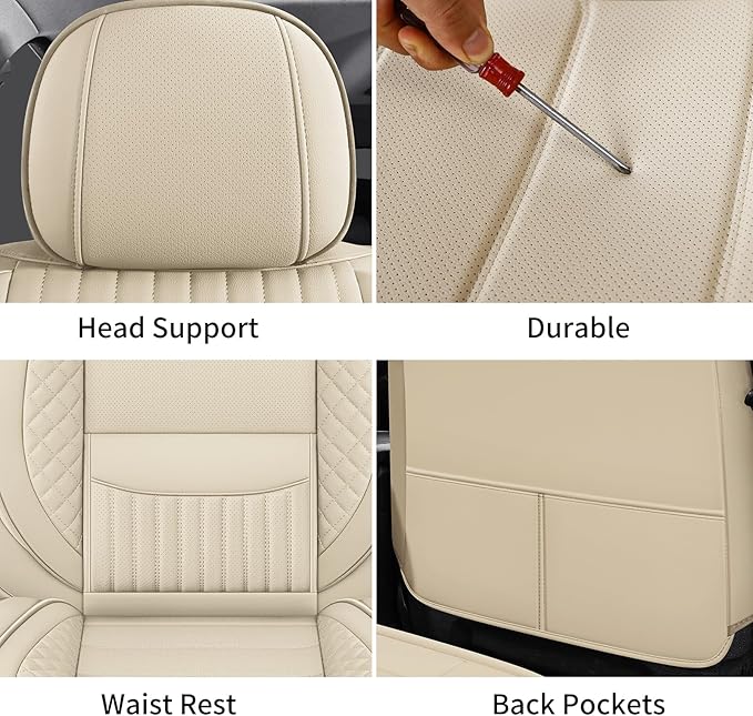 Chezope Car Seat Covers Full Set, Beige Leather Seat Covers, Breathable Front and Back Car Seat Protectors, Wear-Resistant Seat Covers Universal Fit for Most Cars SUV Truck (Beige-Stripes-B, Full Set)