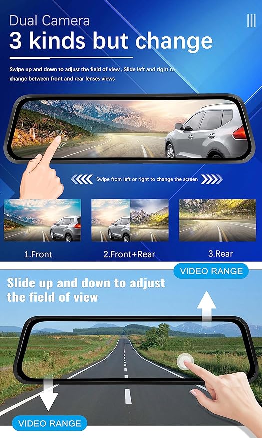 CAMECHO 4K Mirror Dash Cam Front and Rear, WiFi Rear View Mirror Camera, 9.66" Full Touch Screen, Dash Camera for Cars, Night Vision, G-Sensor, Loop Recording, Reverse Assist