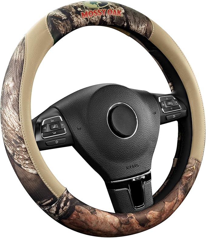 Mossy Oak Full Camo Steering Wheel Cover - Made from Premium Leather, Universal Fit for 14 1/2 to 15 inches - Official Licensed Product - Beige Color