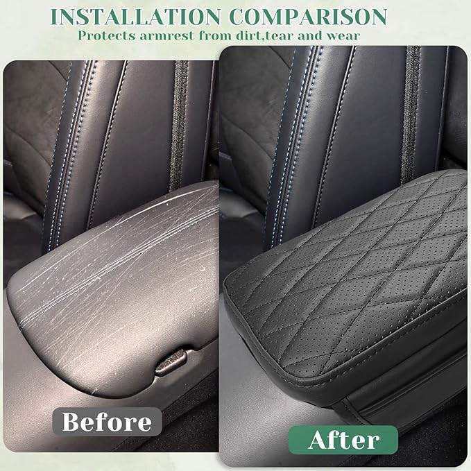 Center Console Armrest Cover Compatible with Ford Mustang 2015-2024 Leather Middle Console Arm Rest Box Protector Cushion Padding with Side Pockets Anti-Scratch Black
