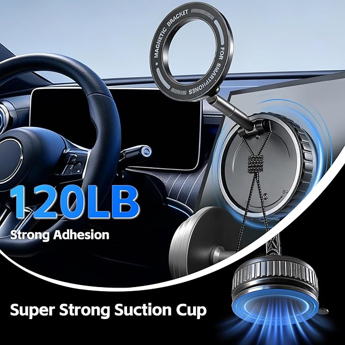 Car Phone Holder [120LBS Strongest Suction 2800gf Magnetic], 360° Adjustable for Magsafe Car Mount, Car Phone Mount for Cars/Gyms/Mirrors/Shower Stalls, Compatible with iPhone and Android Devices (2)