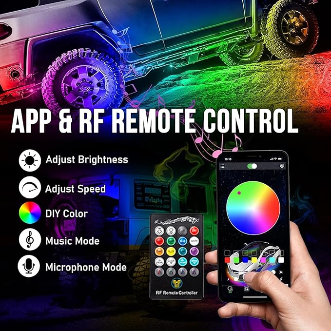 RGB LED Rock Lights Kit, 4 pods Underglow Multicolor Neon Light Pod with Bluetooth App Control Flashing Music Mode Wheel Well Light for Truck ATV UTV RZR SUV