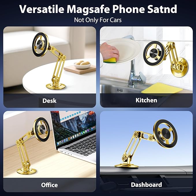 Ultra Magnetic Long-Arm Phone Holder Stand, Fits for MagSafe Car Mount Bracket【Windshield+Vent+Dash】, 360° Rotation Adjustable Strong Magnets Car Mount Desk Office Phone Cradle Holder, Gold
