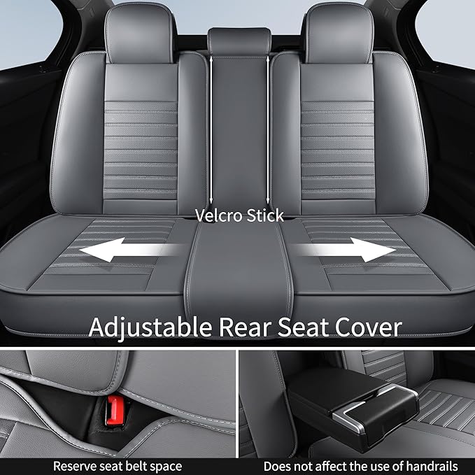 Leather Car Seat Covers, Waterproof Horizontal Stripes Front and Rear Car Seat Cover, Breathable Automotive Seat Covers for Sedan SUV Pick-up Truck (5 PCS Full Set, Grey)