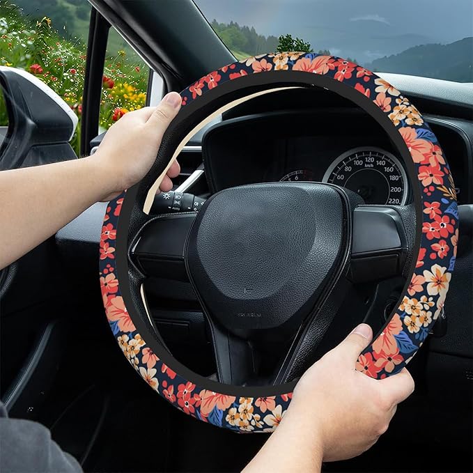 Colorful Small Flowers Car Steering Wheel Cover, Non-Slip Absorbing Sweat Car Wheel Cover Accessories for Men Women,Universal 15" Fit Auto SUV Vans Trucks