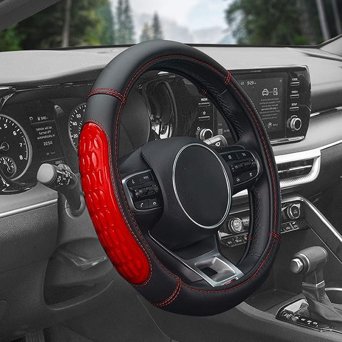 FH Group Universal Fit Ultra Grip Silicone and Faux Leather Steering Wheel Cover fits Most Cars, SUVs Red